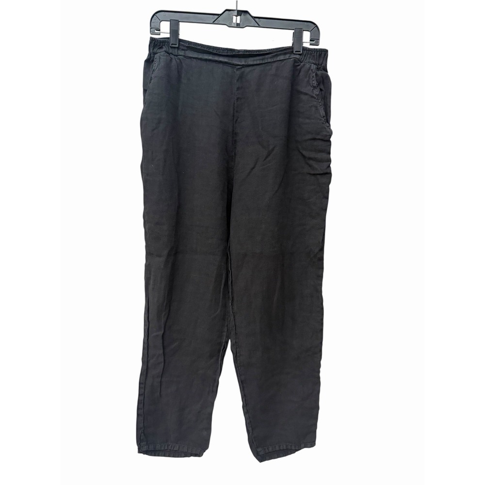 Match Point Pants Womens Medium 100% Linen Straight Leg Black Pockets #III11-1